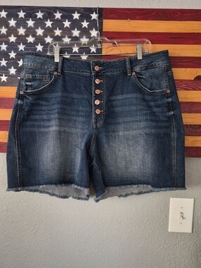 Maurices Plus Size, 5 Button Fly Dark Blue Denim Shorts | Size 22W